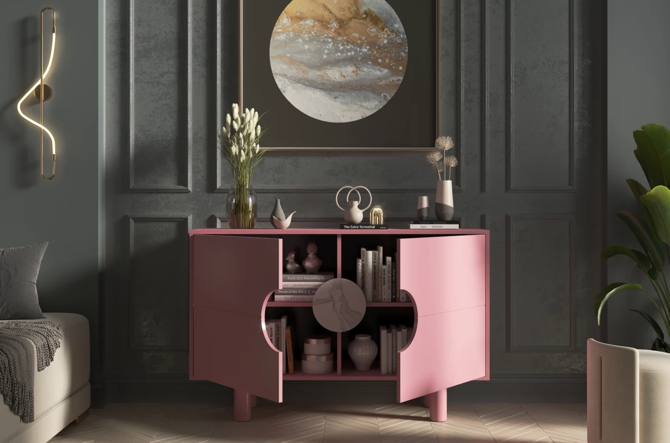 Nowoczesna komoda z marmurem Dancan ZOE 2D / kolor pudrowy róż / szer. 140 cm