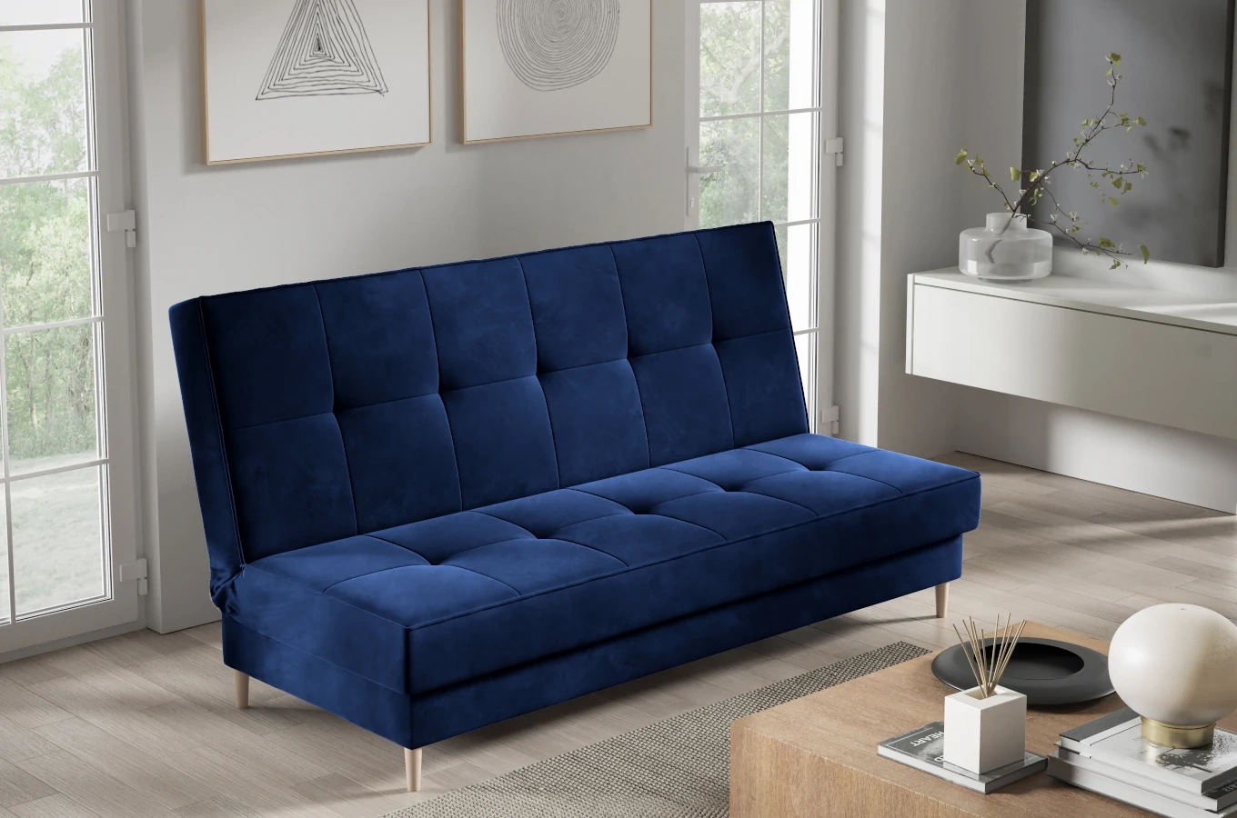 Nowoczesna sofa IRINA w skandynawskim stylu z funkcją spania i pojemnikiem na pościel