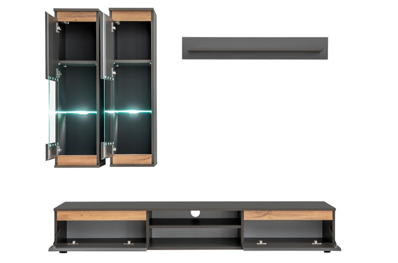 Nowoczesna meblościanka MODO / antracyt + dąb wotan / szer. 175 cm