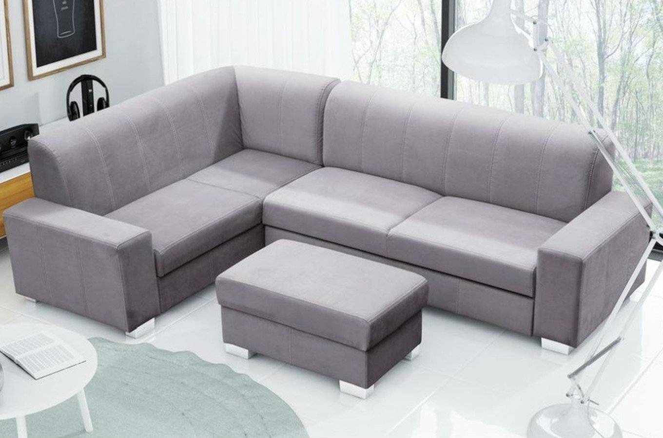 Nowoczesny rozkładany narożnik ARTUR z pojemnikiem na pościel + puf w zestawie