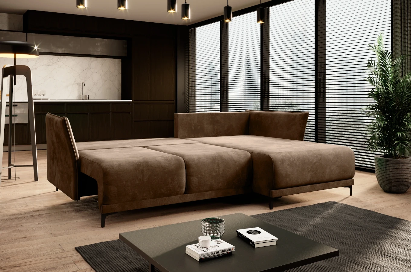 Nowoczesny narożnik MORGAN z funkcją spania i pojemnikiem na pościel