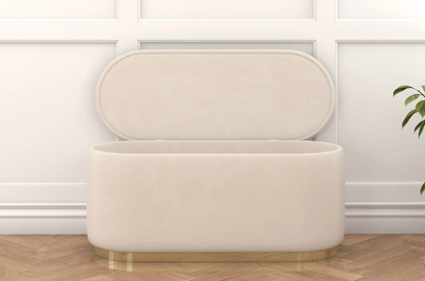 Beżowy owalny puf ze schowkiem Dancan SCARLETT na złotej podstawie