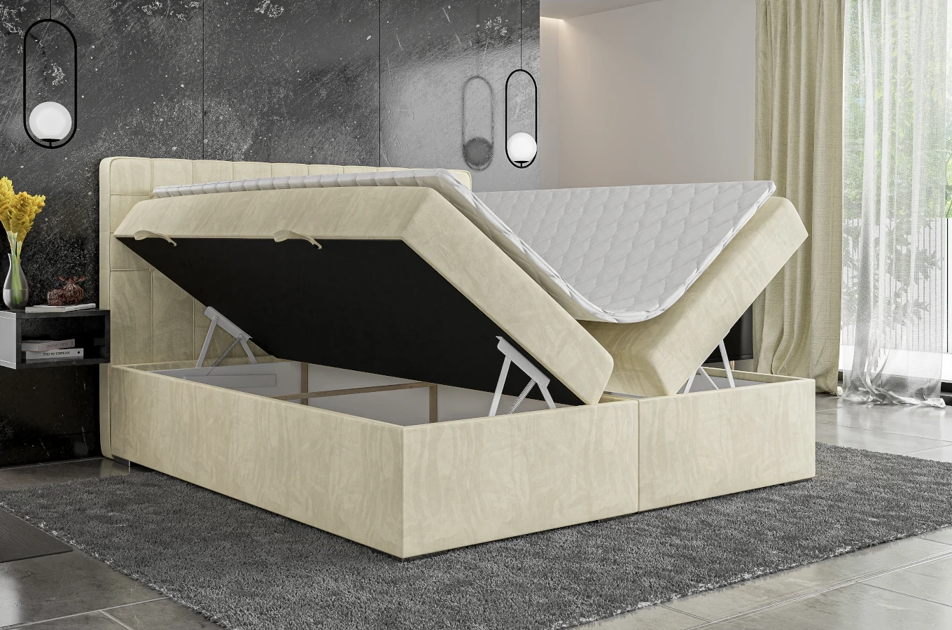 Eleganckie tapicerowane łóżko kontynentalne do sypialni HUAN z pojemnikiem na pościel