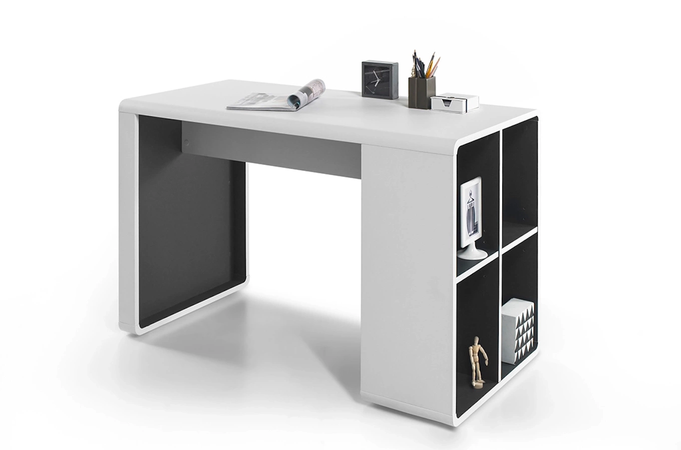 Nowoczesne białe biurko TADEO z otwartymi półkami / 119x59 cm