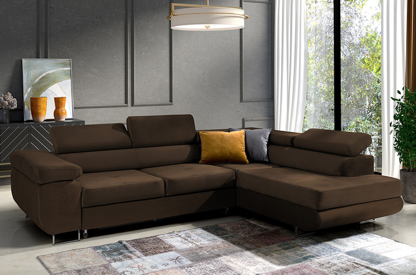 Nowoczesny narożnik DAJTI z funkcją spania, pojemnikiem na pościel oraz regulowanymi zagłówkami