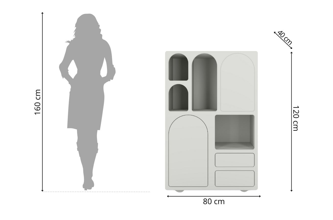 Drewniana komoda z łukami Visby OLIMPIA HIGH / kolor szary mleczny / szer. 80 cm