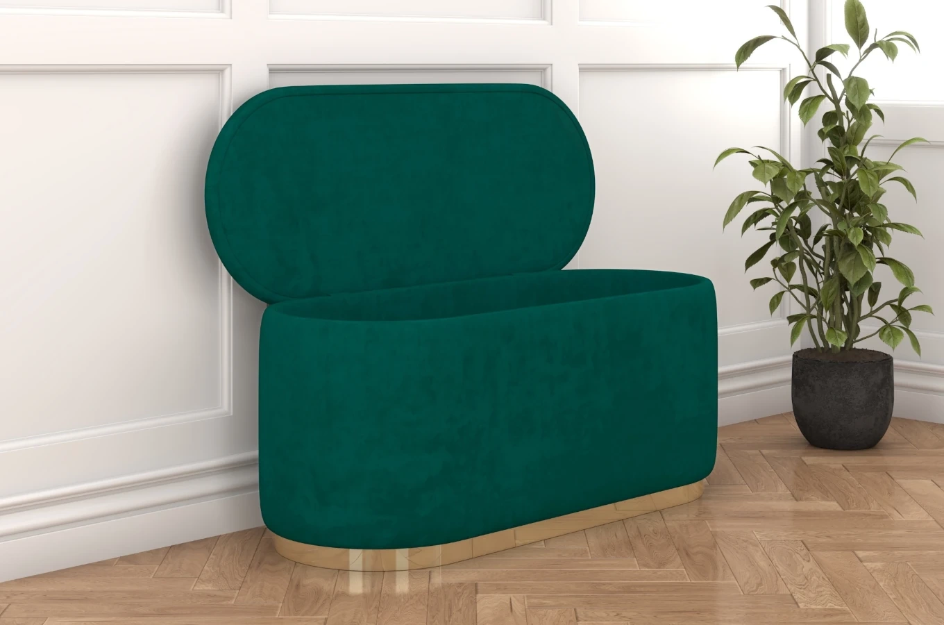 Zielony owalny puf ze schowkiem Dancan SCARLETT na złotej podstawie