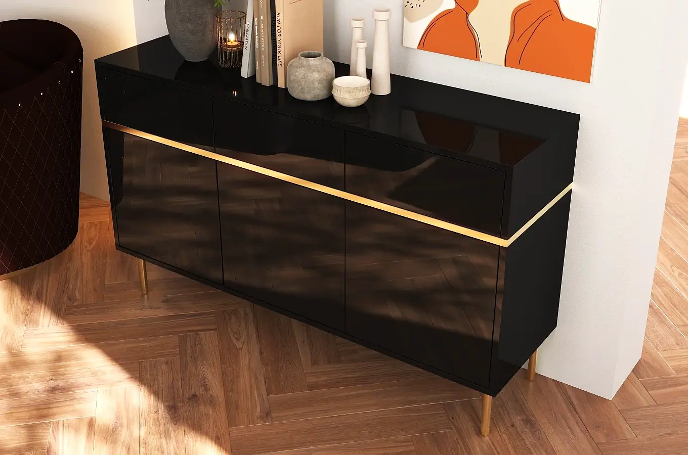 Elegancka czarna komoda Dancan MARIKA ze złotymi dodatkami / szer. 137,5 cm