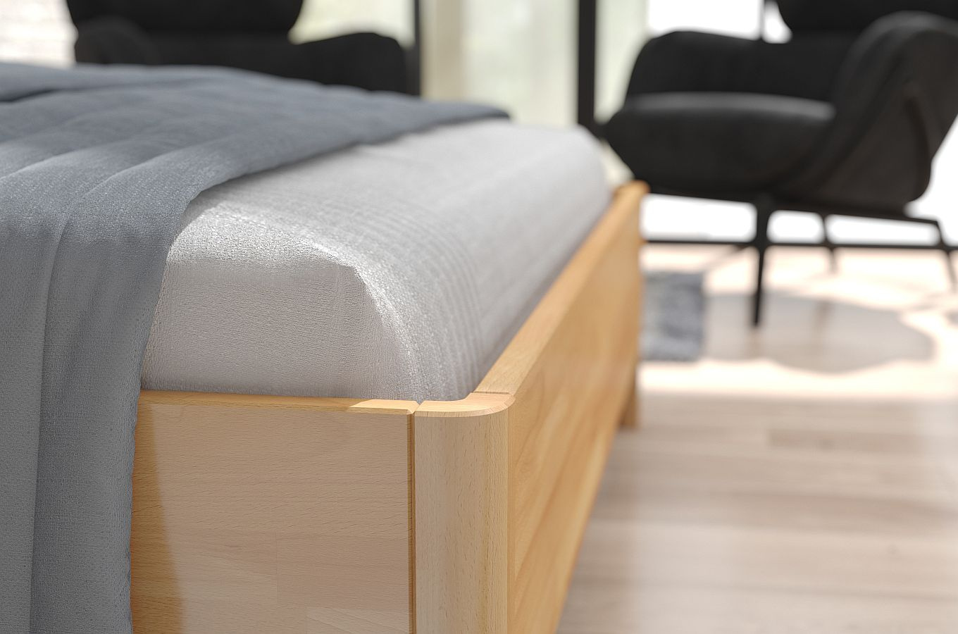 Tapicerowane łóżko drewniane bukowe Visby MODENA BC z wysokim zagłówkiem / 180x200 cm, kolor naturalny, zagłówek Casablanca 2316 (skrzynia na pościel)