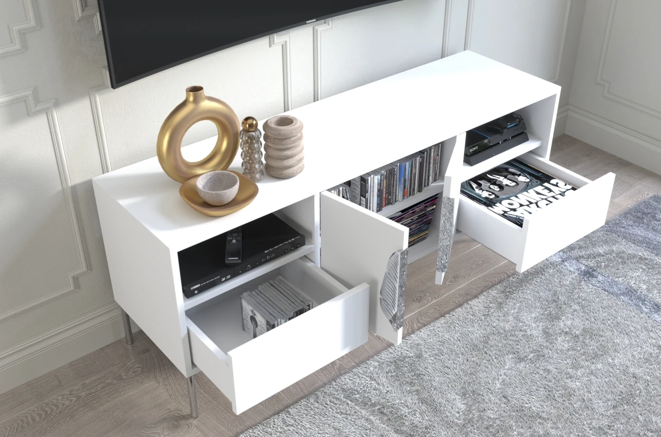 Biała komoda RTV Skandica MERLIN ze srebrnymi dodatkami / szer. 138 cm