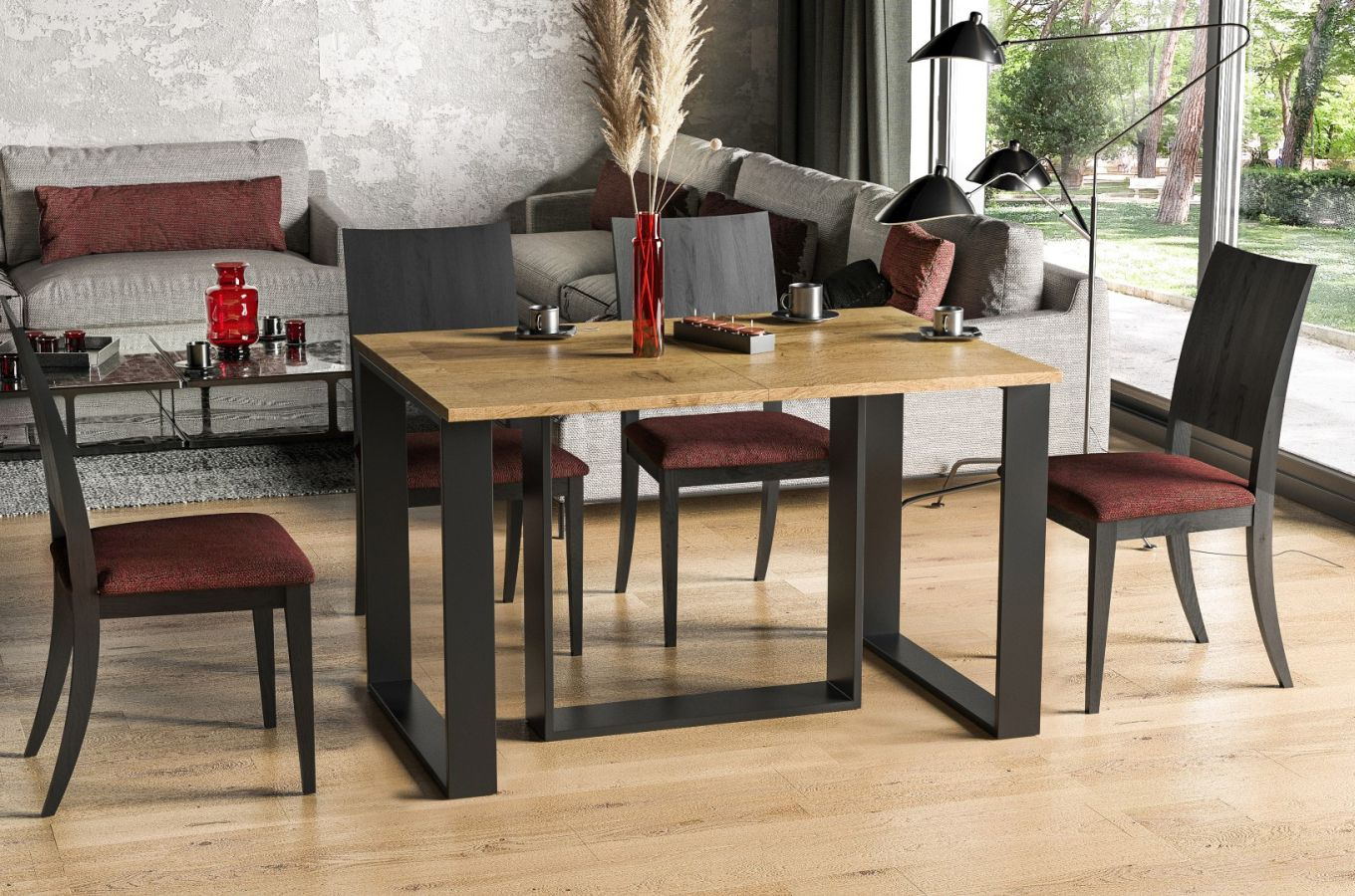 Nowoczesny rozkładany stół BORYS BIS na metalowych nogach 130-310 x 90 cm (dąb wotan)