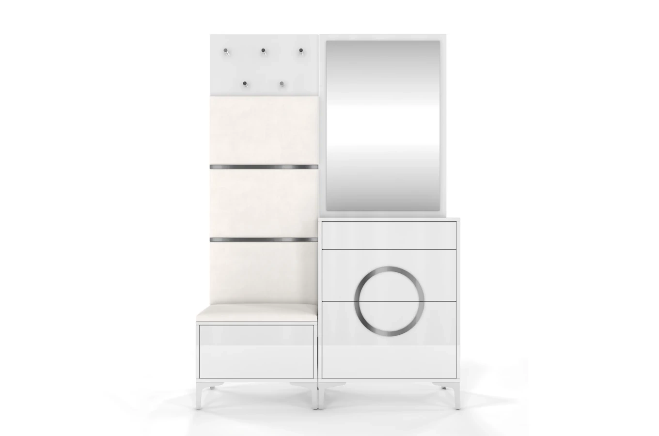 Biało-srebrne siedzisko z pojemnikiem Dancan EVELINE wysoki połysk / szer. 60 cm