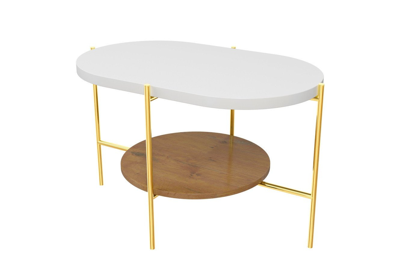 Nowoczesny stolik kawowy Dancan ARENA / złota podstawa + biały i dębowy blat