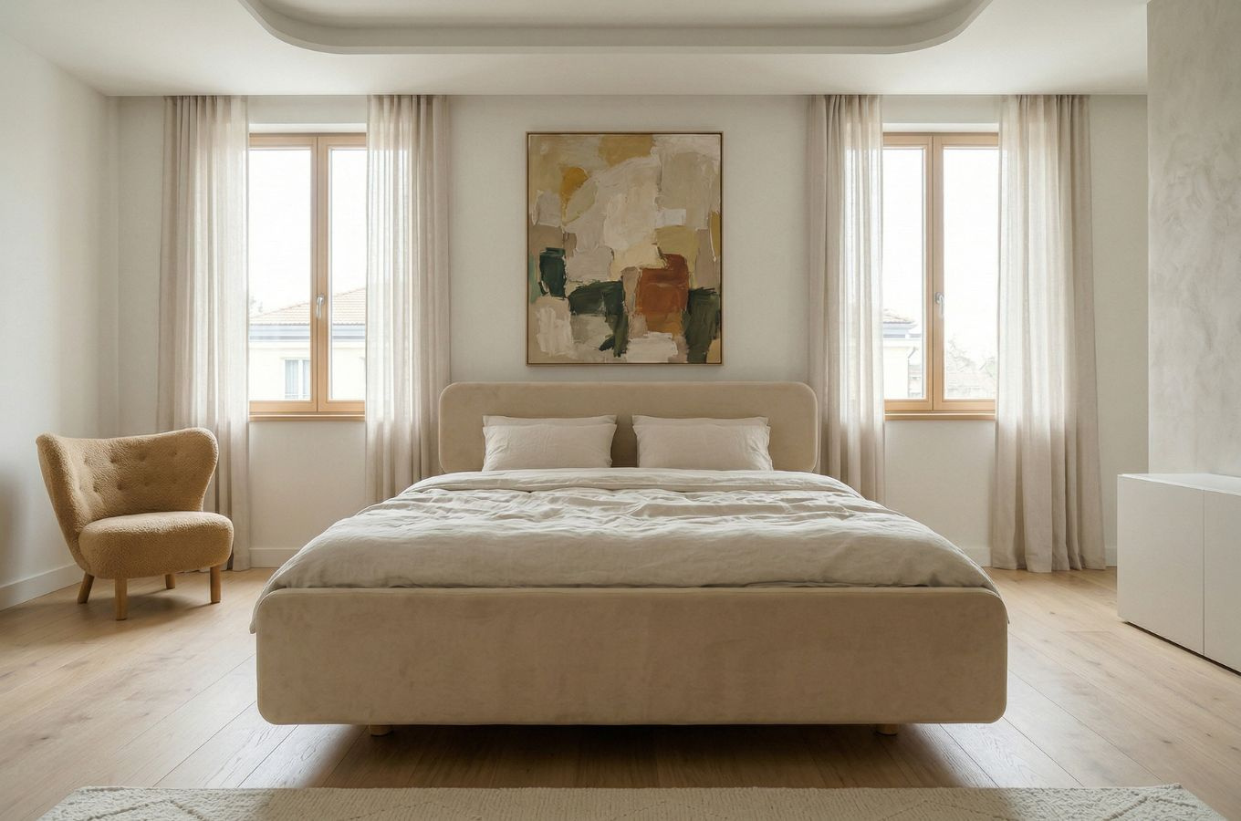 Łóżko lewitujące drewniane bukowe Visby LILA z tapicerowanymi panelami / 160x200 cm, kolor palisander, zagłówek ecru (Casablanca 228.02/2301)