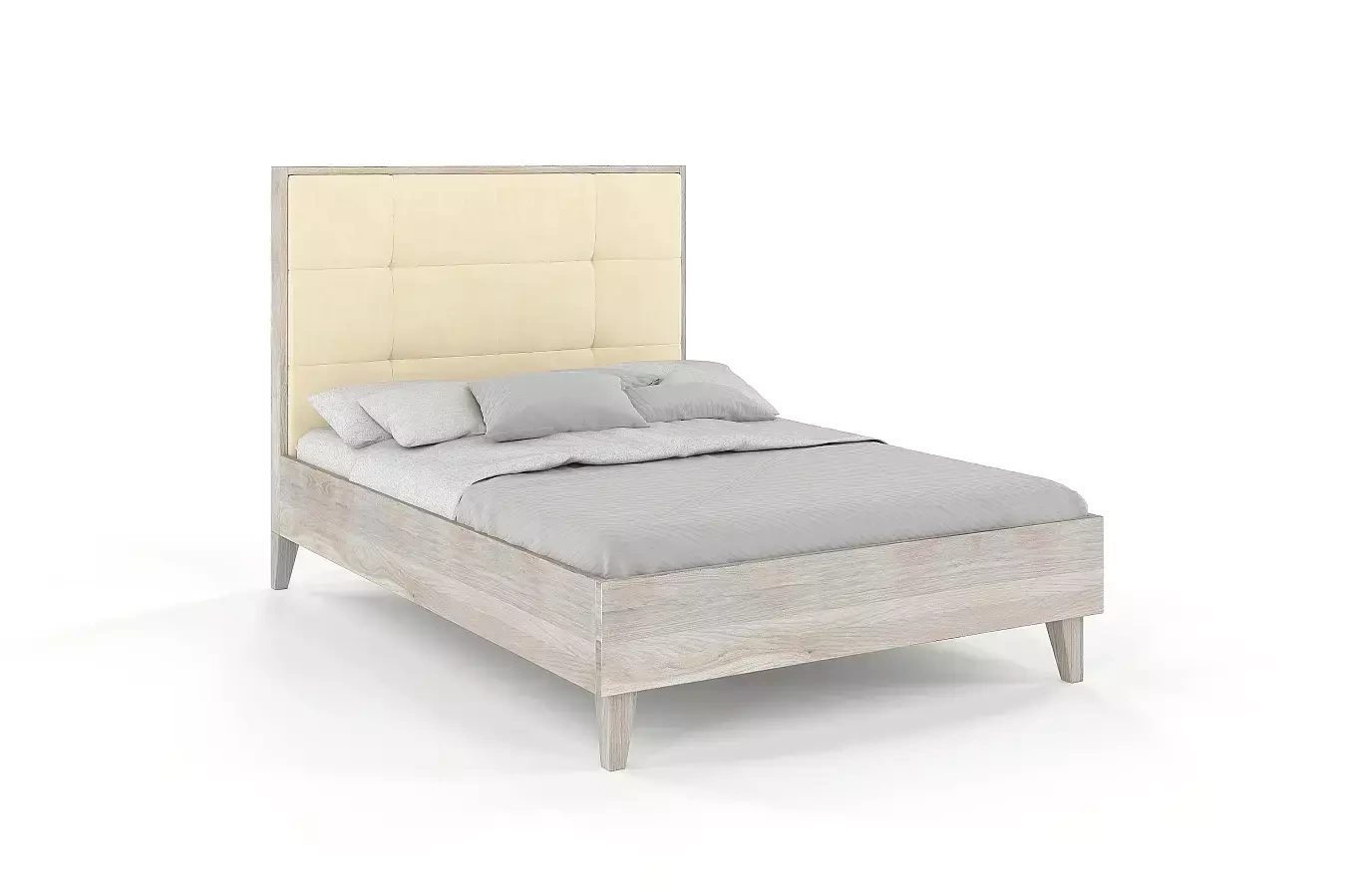 Tapicerowane łóżko drewniane dębowe Visby FRIDA z wysokim zagłówkiem / 140x200 cm, olej bielony, zagłówek French Velvet 675
