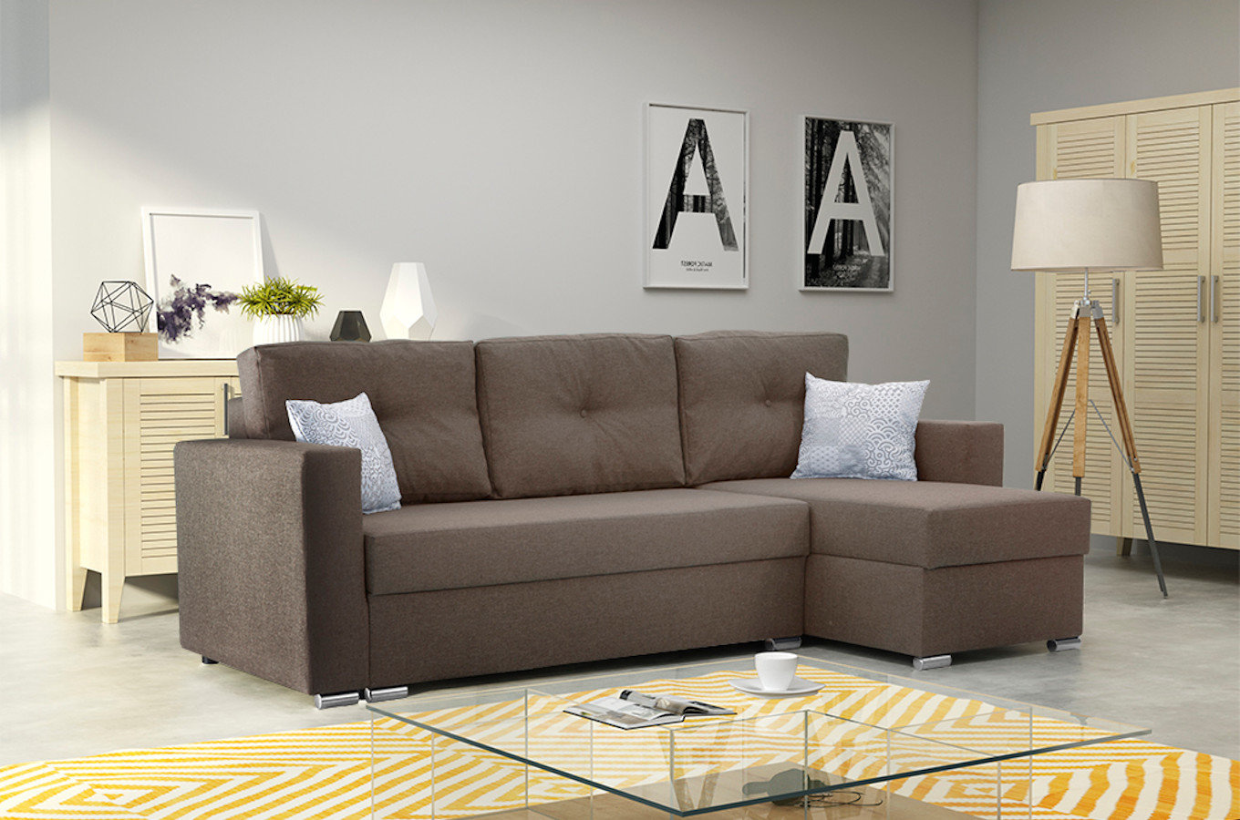 Nowoczesny narożnik ALESIO z funkcją spania i pojemnikiem na pościel