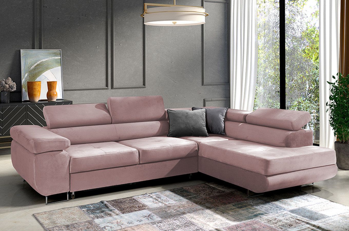 Nowoczesny narożnik DAJTI z funkcją spania, pojemnikiem na pościel oraz regulowanymi zagłówkami