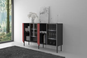 Podświetlana komoda witryna połysk Skandica Lilka czarna-czerwona na nóżkach / szer. 138 cm