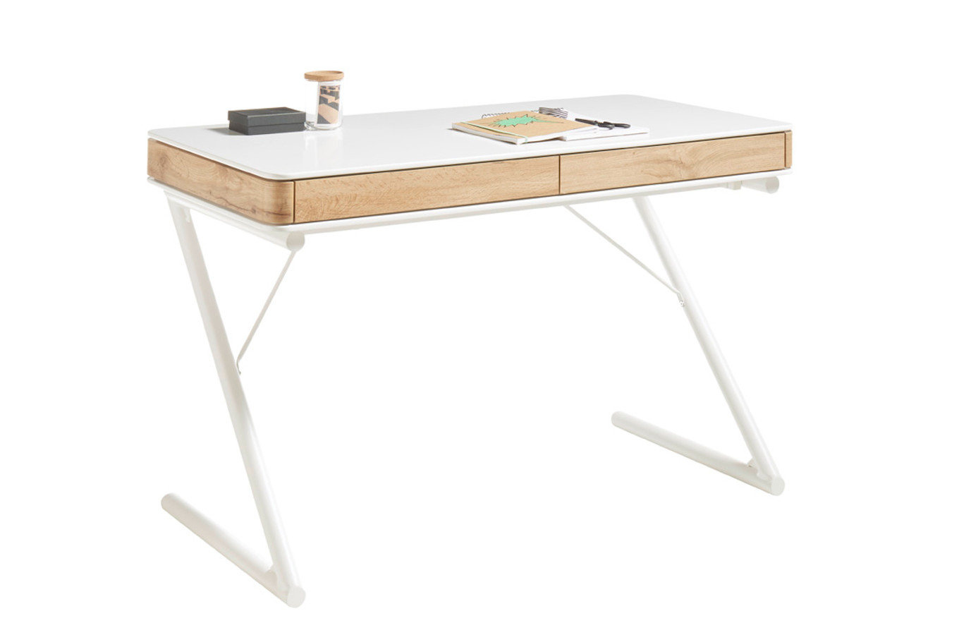 Nowoczesne biurko biało-dębowe z szufladami BUKAREST na metalowych nogach / 120x60 cm