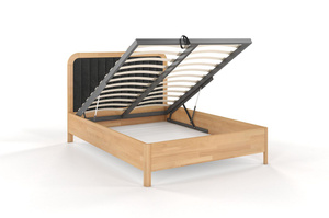 Tapicerowane łóżko drewniane bukowe Visby MODENA BC z wysokim zagłówkiem / 160x200 cm, kolor naturalny, zagłówek Casablanca 2315 (skrzynia na pościel)