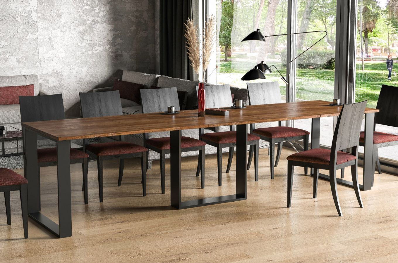 Nowoczesny rozkładany stół BORYS BIS na metalowych nogach 130-310 x 90 cm (dąb stirling)