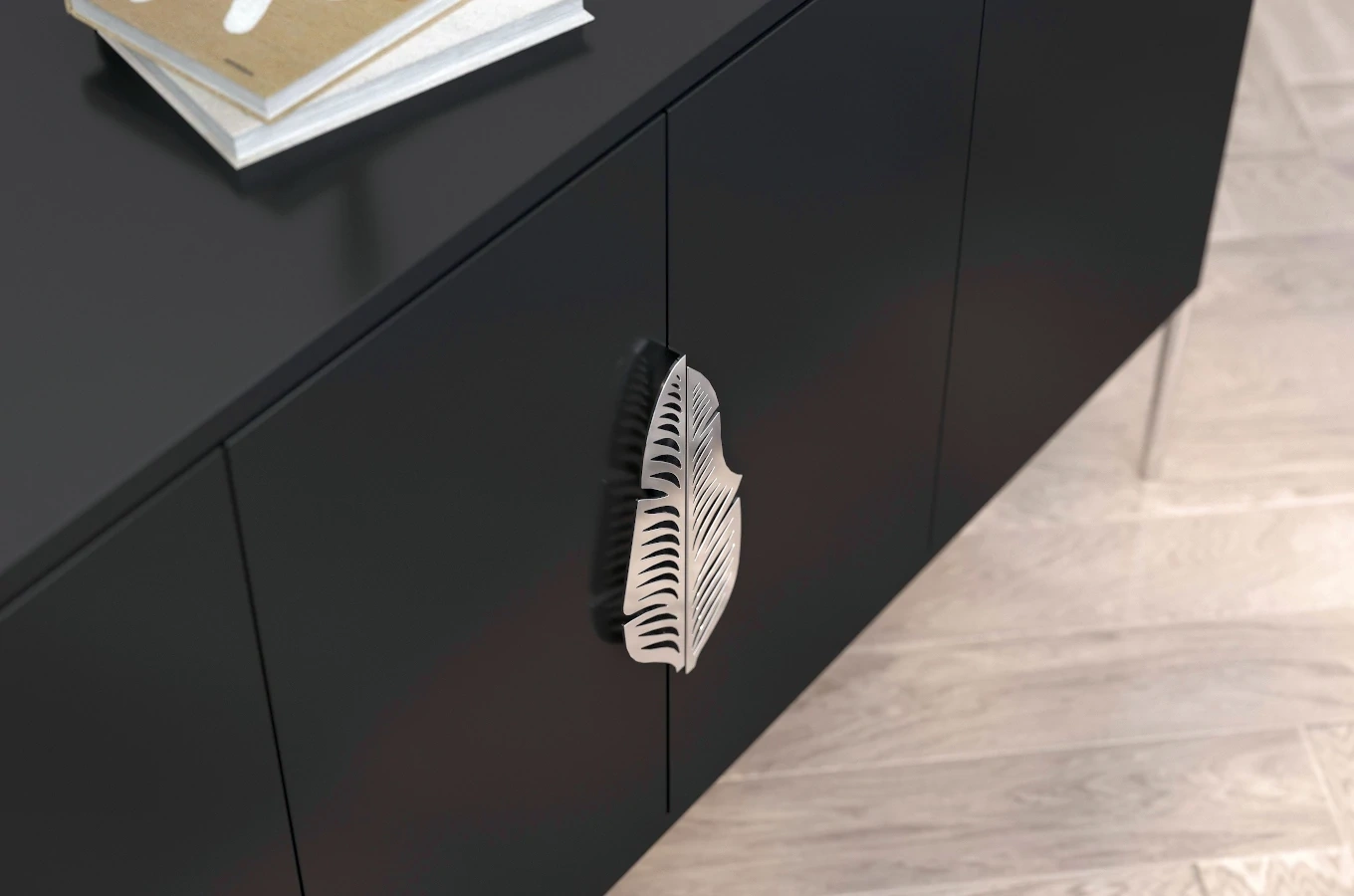 Czarna komoda Skandica MERLIN ze srebrnymi dodatkami / szer. 138 cm