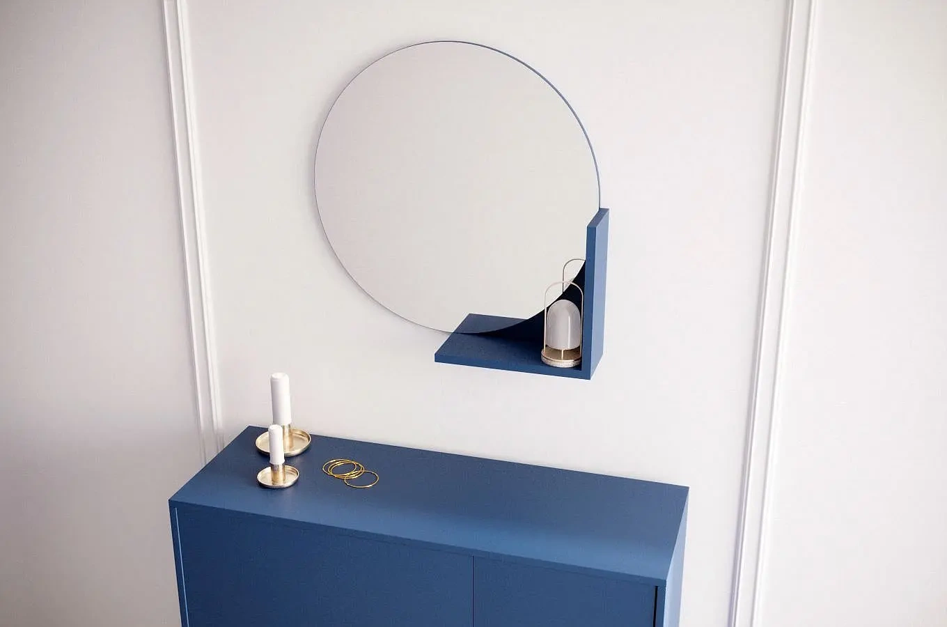 Okrągłe granatowe lustro z półką Skandica LUCIJA / średnica 60 cm