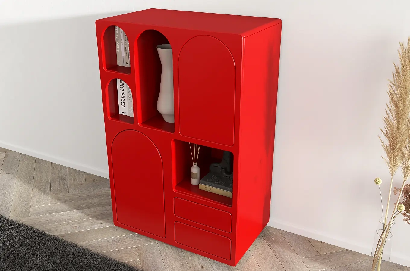 Drewniana komoda z łukami Visby OLIMPIA HIGH / kolor bordowy / szer. 80 cm