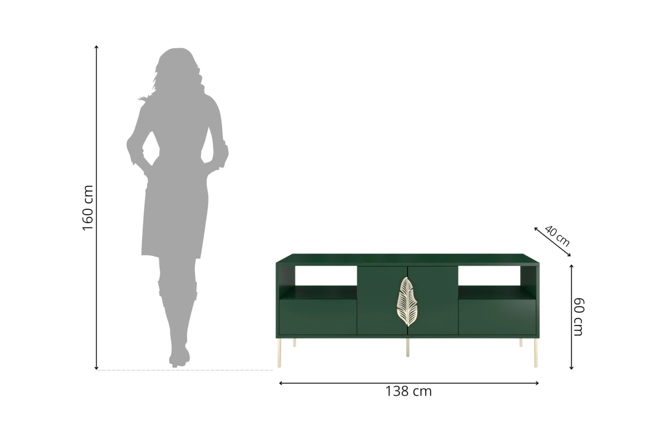 Zielona komoda RTV Skandica MERLIN ze złotymi dodatkami / szer. 138 cm