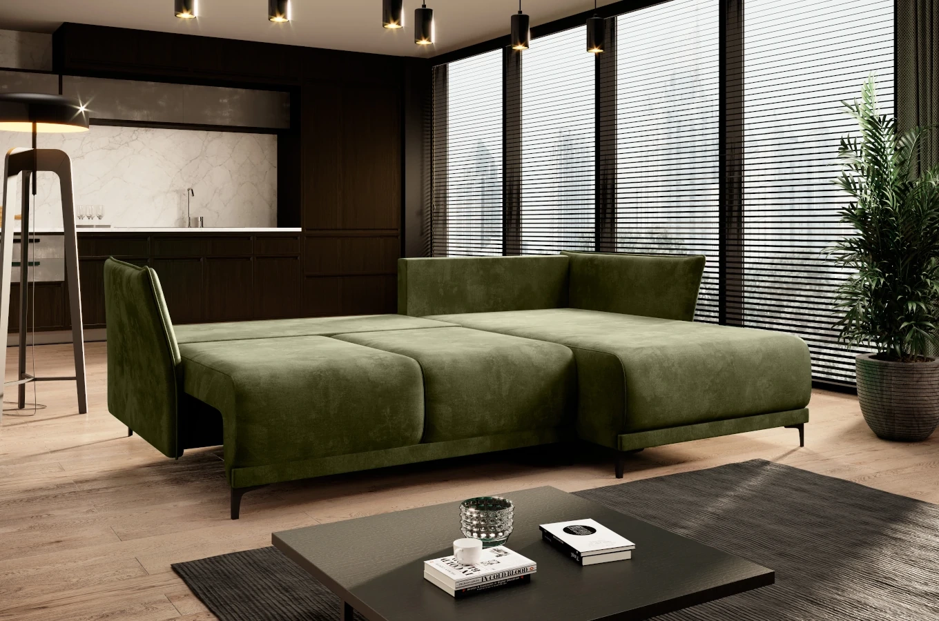 Nowoczesny narożnik MORGAN z funkcją spania i pojemnikiem na pościel