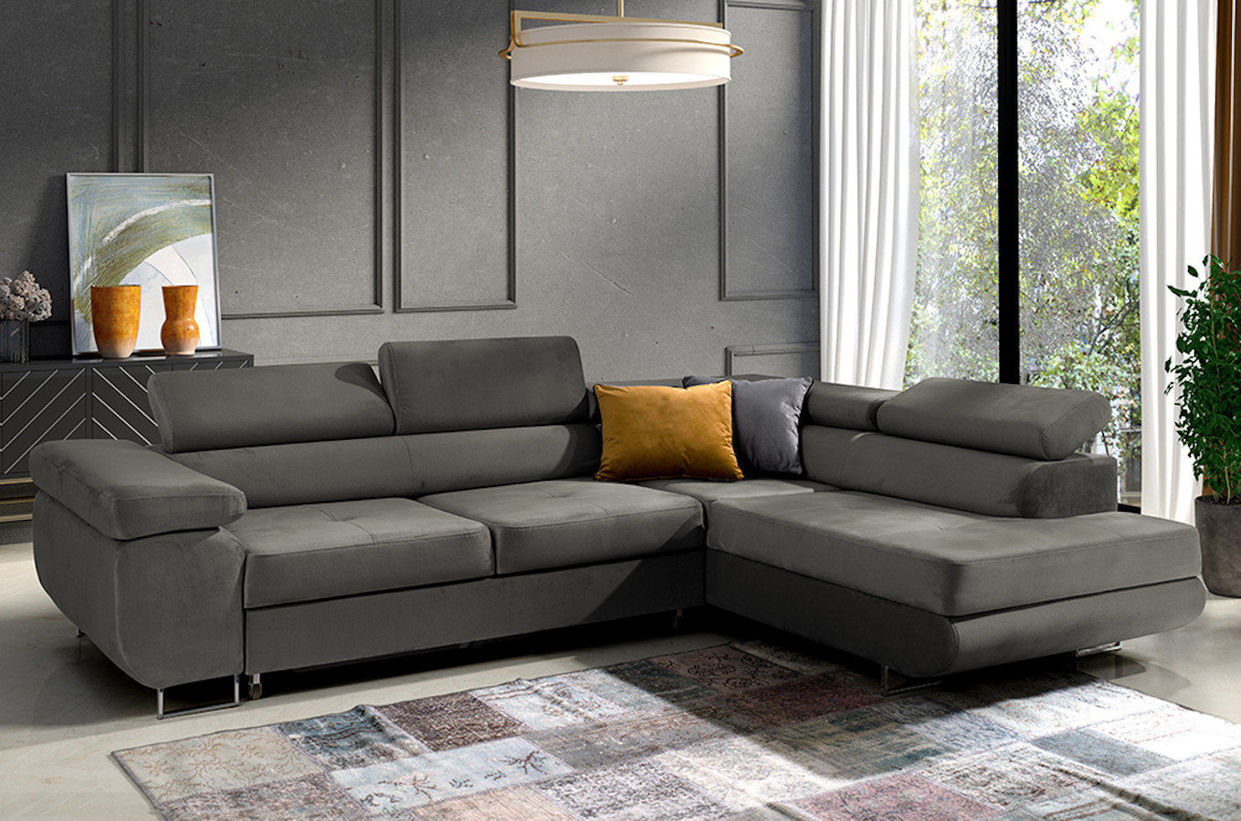 Nowoczesny narożnik DAJTI z funkcją spania, pojemnikiem na pościel oraz regulowanymi zagłówkami