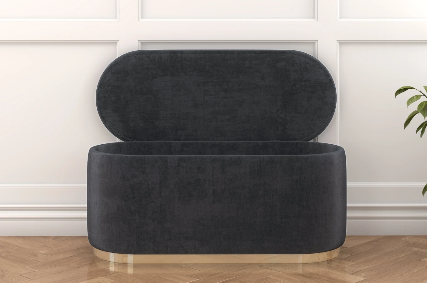 Szary owalny puf ze schowkiem Dancan SCARLETT na złotej podstawie