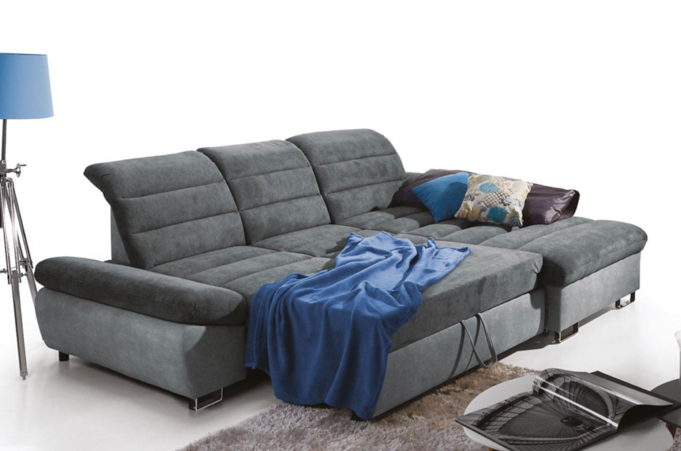 Nowoczesny narożnik ROCCA z pojemnikiem na pościel i funkcją spania