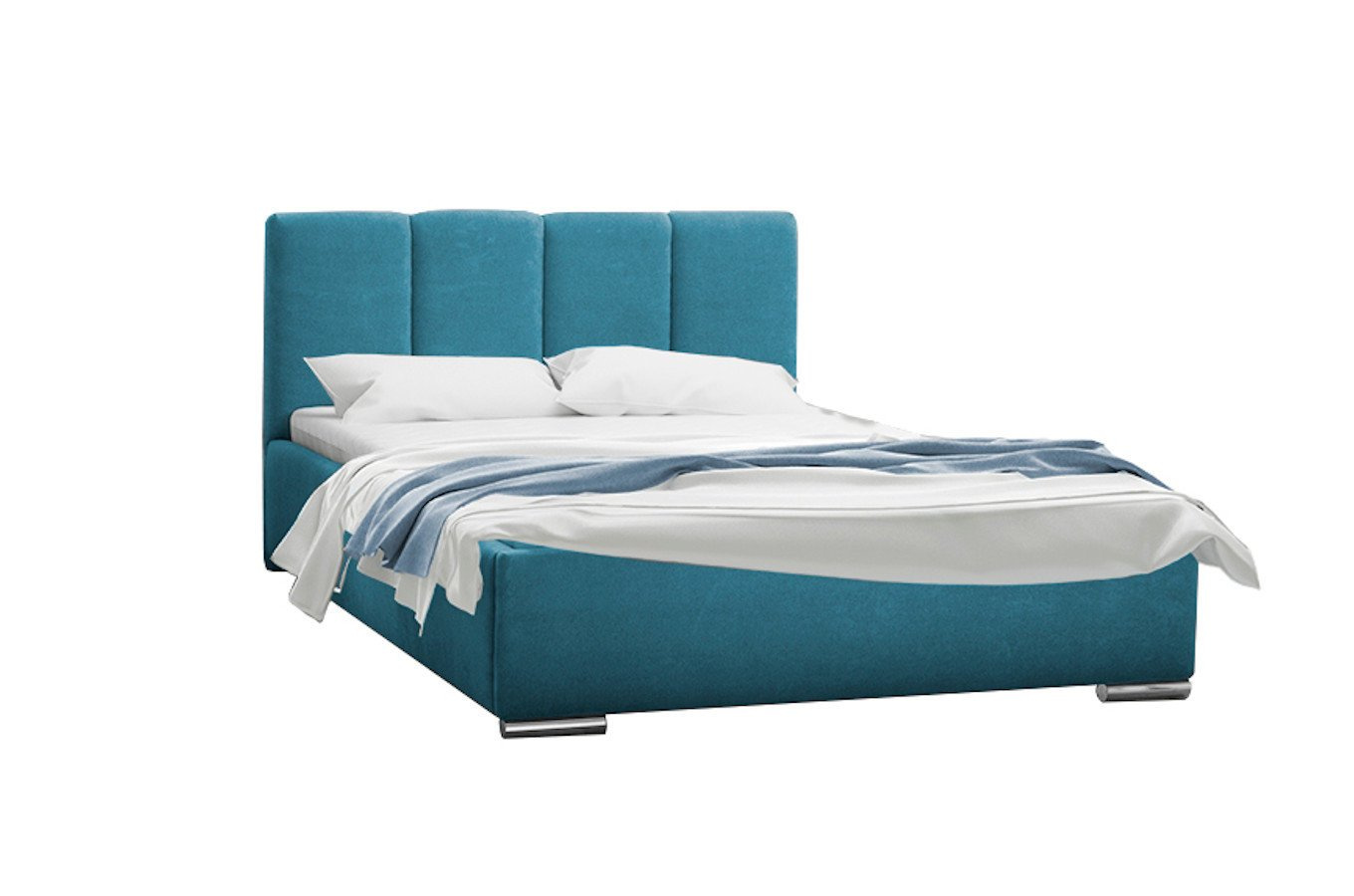 Tapicerowane łóżko do sypialni MALAR z pionowymi przeszyciami na zagłówku.