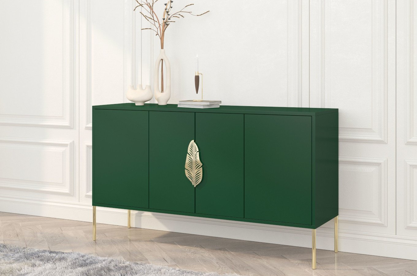 Zielona komoda Skandica MERLIN ze złotymi dodatkami / szer. 138 cm