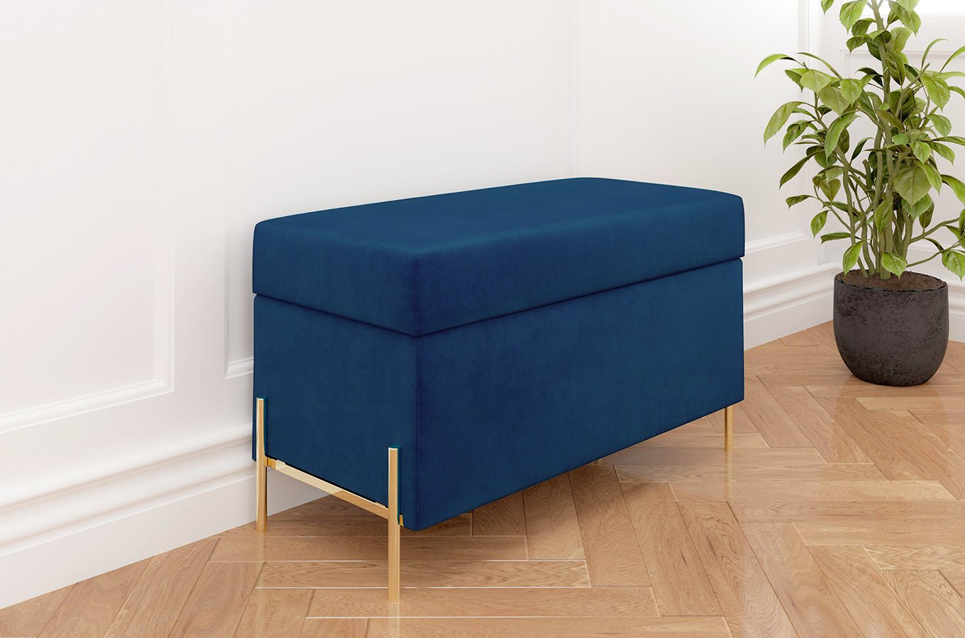 Granatowa tapicerowana ławka Dancan BORGO z pojemnikiem, na złotych metalowych nogach
