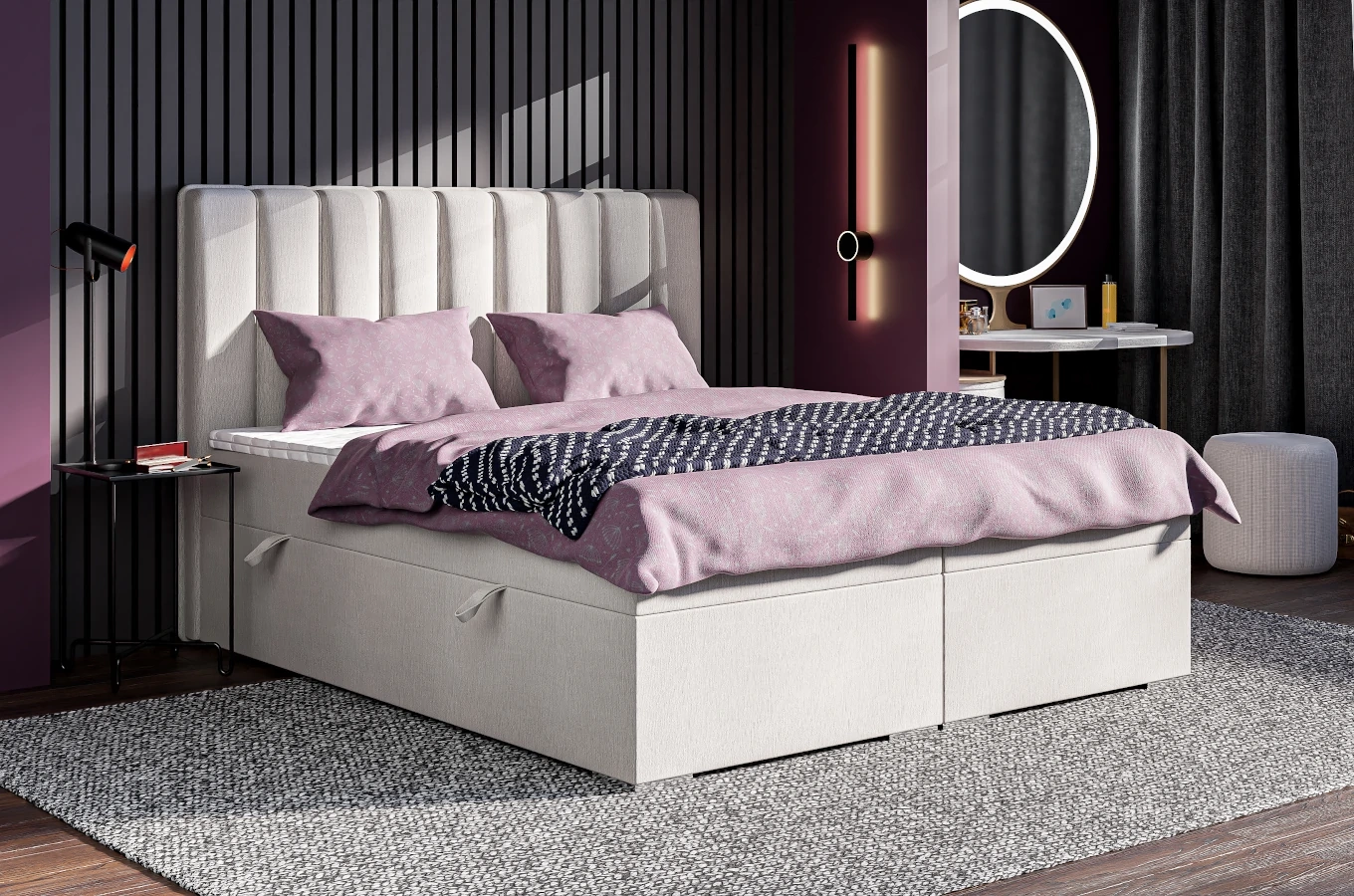 Eleganckie tapicerowane łóżko kontynentalne do sypialni CAREN z pojemnikiem na pościel