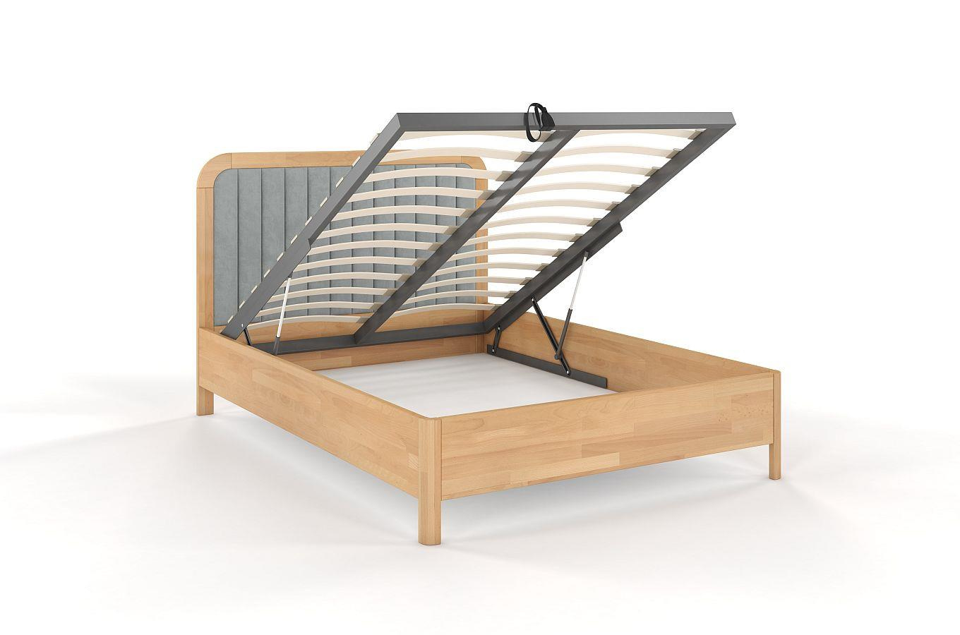 Tapicerowane łóżko drewniane bukowe Visby MODENA BC z wysokim zagłówkiem / 160x200 cm, kolor naturalny, zagłówek Casablanca 2314 (skrzynia na pościel)