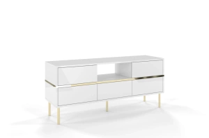 Elegancka biała komoda RTV Dancan MARIKA ze złotymi dodatkami / szer. 137,5 cm