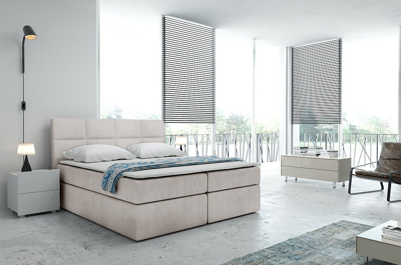 Tapicerowane łóżko kontynentalne BOLMAN z zagłówkiem pikowanym w prostokąty