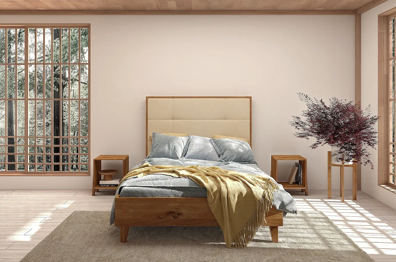 Tapicerowane łóżko drewniane dębowe Visby FRIDA z wysokim zagłówkiem / 120x200 cm, lakier naturalny, zagłówek French Velvet 677