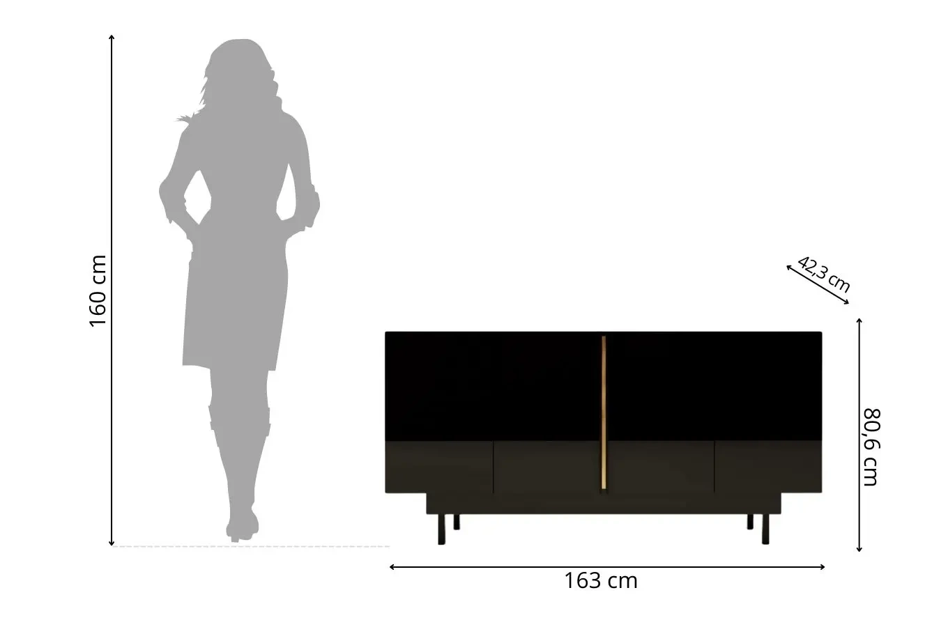 Elegancka czarna komoda Dancan ARTEMISA ze złotymi dodatkami / szer. 163 cm