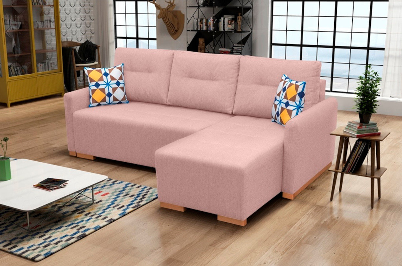 Rozkładany narożnik FIESTA z pojemnikiem na pościel w skandynawskim stylu