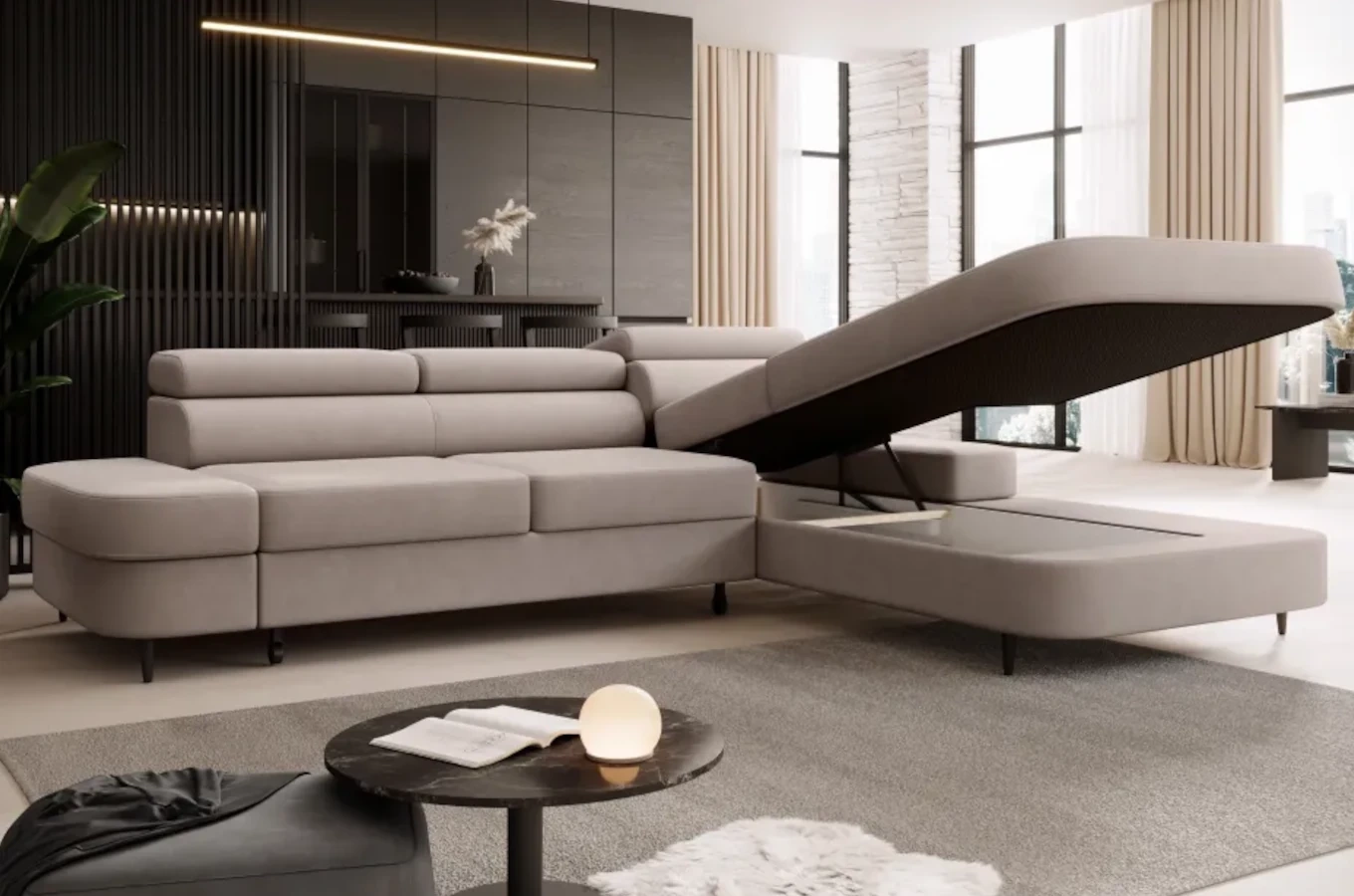 Nowoczesny narożnik TANZANIT J z funkcją spania i pojemnikiem na pościel