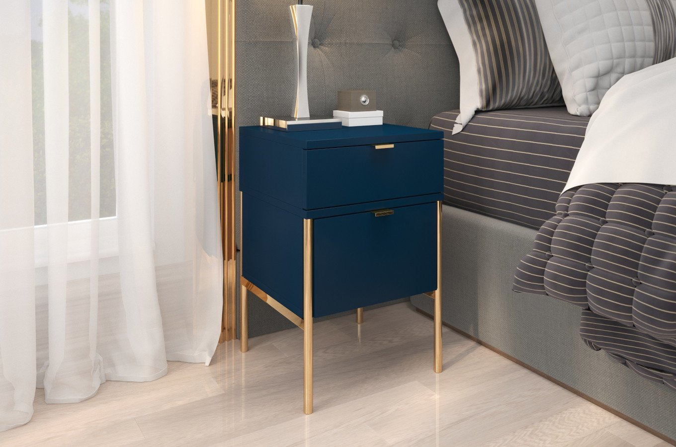 Elegancka granatowa szafka nocna Skandica POLKA na złotych nóżkach / szer. 38 cm