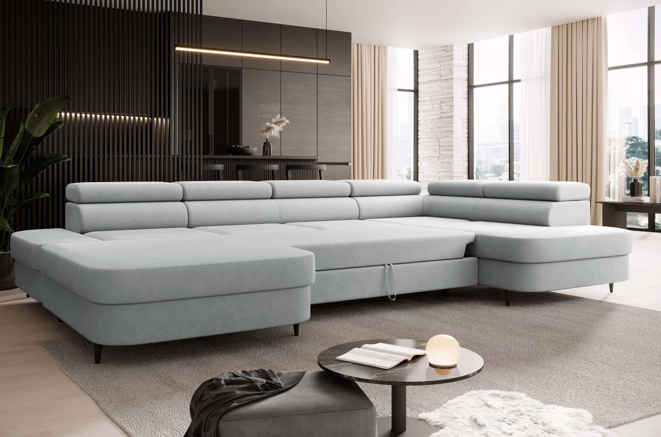 Nowoczesny narożnik TANZANIT U z funkcją spania i pojemnikiem na pościel