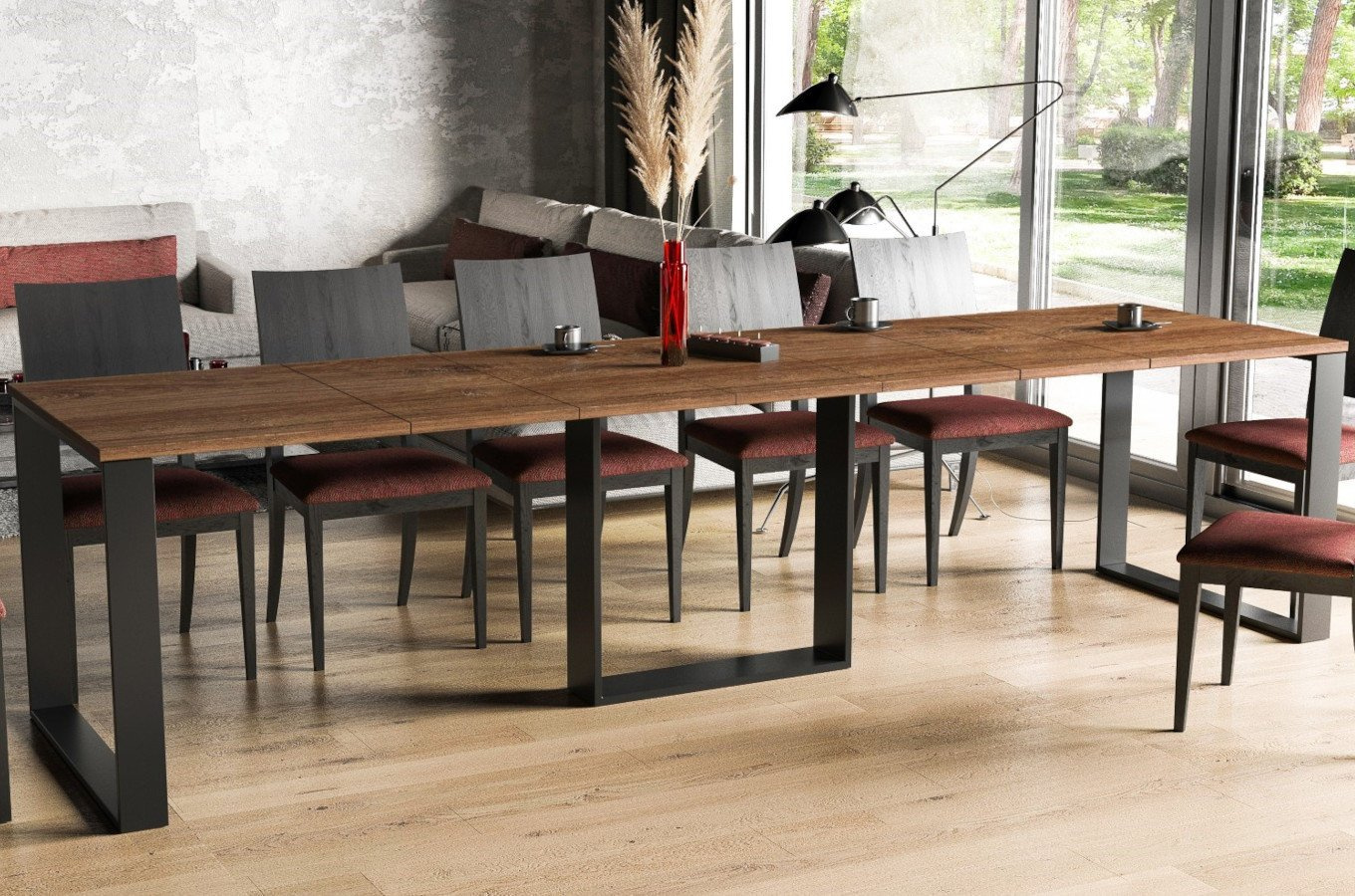 Nowoczesny rozkładany stół BORYS na metalowych nogach 130-330 x 80 cm (dąb stirling)