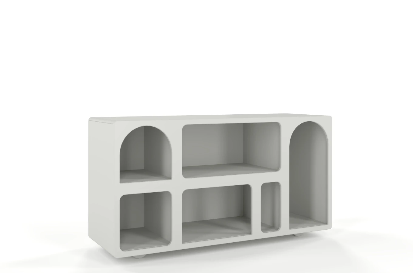 Drewniana komoda - regał - szafka RTV z łukami Visby OLIMPIA LONG / kolor szary mleczny / szer. 140 cm