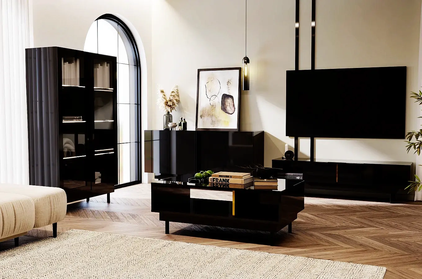 Elegancka czarna komoda Dancan ARTEMISA ze złotymi dodatkami / szer. 163 cm