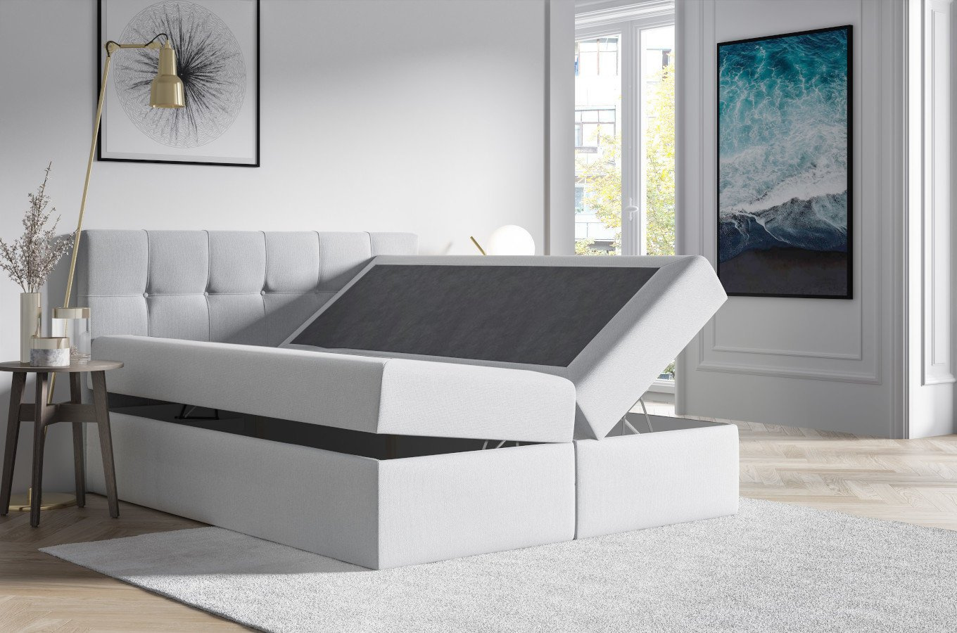 Tapicerowane łóżko kontynentalne ADRIANO z zagłówkiem pikowanym w kwadraty